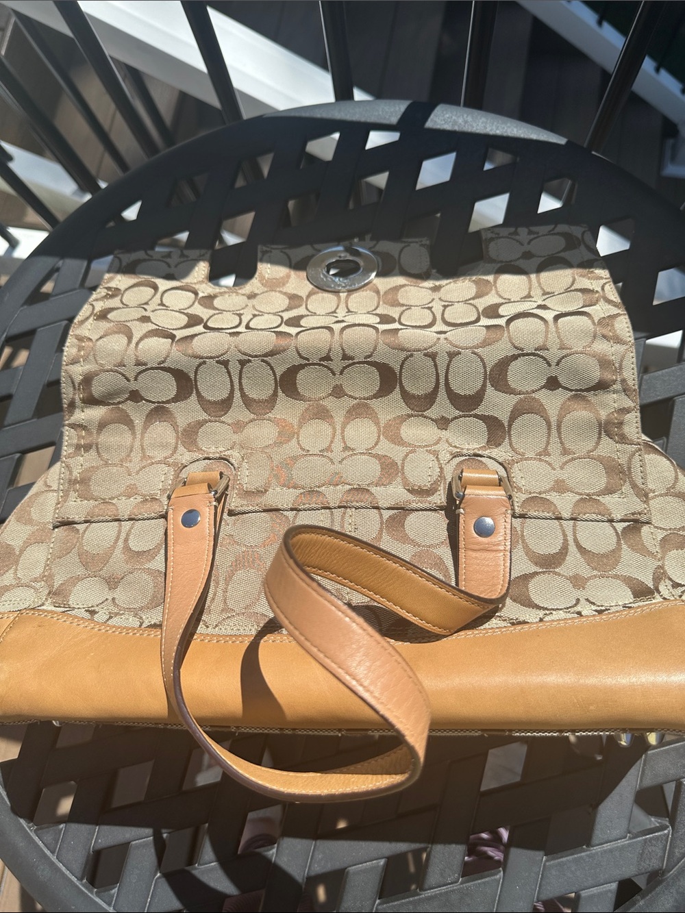 Vintage Coach Tan Signature Canvas Shoulder Tote with Leather Trim - Picture 6 of 13